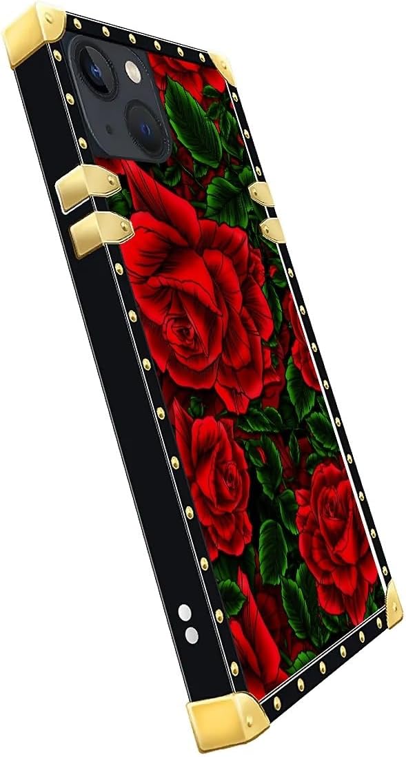 Compatible with iPhone 14 Case, Vector Red Rose Green Leaf Luxury Golden - Image 4