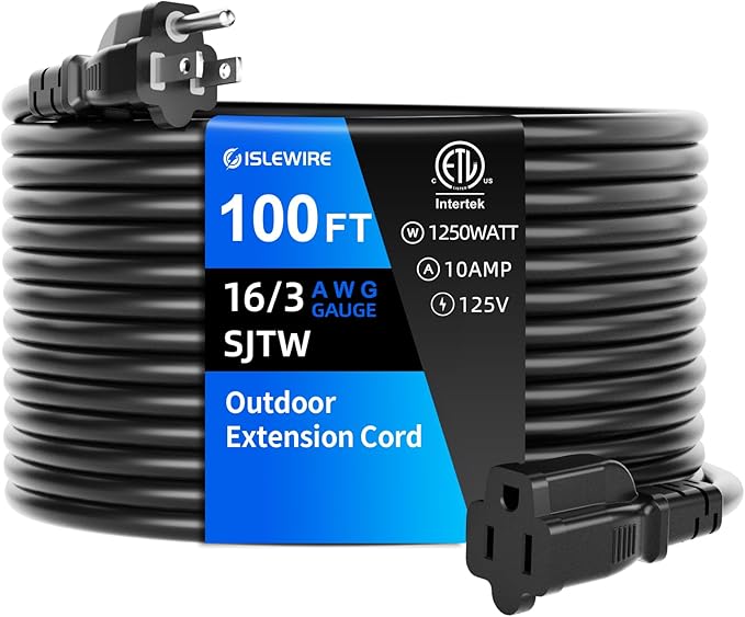 100 FT Outdoor Extension Cord Waterproof, 3-Prong Power Cord, 16 AWG SJTW by ISLEWIRE