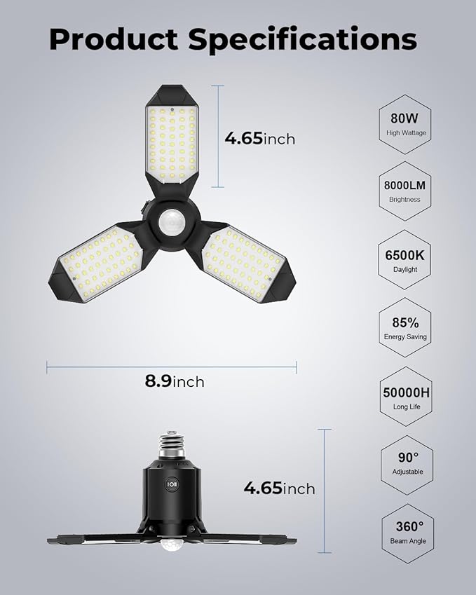toberich Motion Sensor Garage Lights 2 Pack, 8000LM Motion Sensor Shop Light w/ - Image 7