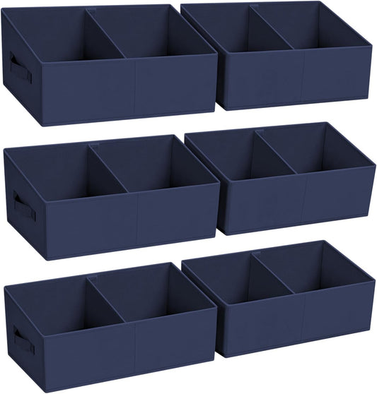 DIMJ Large Closet Shelf Organizer Bins 6 Packs with Handles and Divider, Fabric Trapezoid Storage Baskets, Foldable Clothes Containers Box for Shelf, Towel, Book, Toy, Purse, Hats, Navy Blue