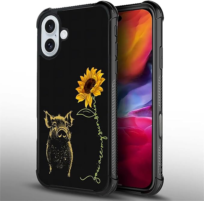 for iPhone 16 Plus Case, Pig Sunflower Yellow Sunshine Pattern Graphic Design - Image 2