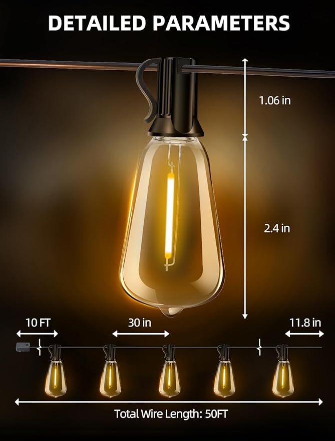 Outdoor Patio String Lights 50ft: ST38 LED Shatterproof Bulbs 3 Modes Button - Image 7