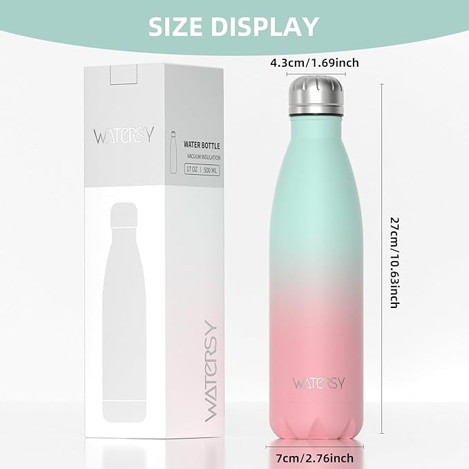 WATERSY Stainless Steel Water Bottle, 17oz/500ml Insulated Pink Bottle Keeps - Image 7