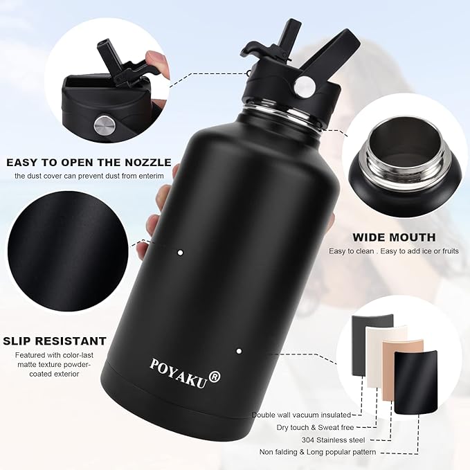 Water Bottle Insulated 32oz 40oz 64oz 128oz Straw Lid Spout Lid & 3 Lids - Image 3
