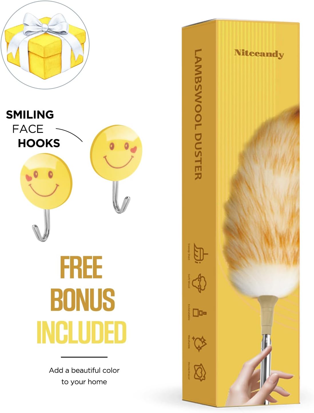 Extendable Lambswool Duster 30-100 Inch, Stainless Steel Long Handle Duster, Natural Feather Duster for Cleaning High Ceilings, Fans, Bookshelves, Interior, Cars, Brown