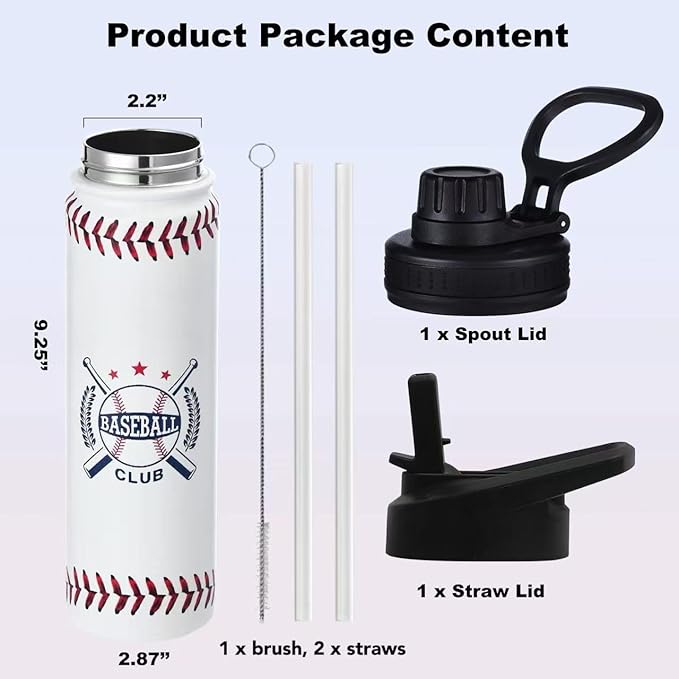 Baseball Water Bottle, 24 oz Insulated Stainless Steel Sports Bottle - Image 5