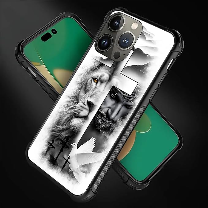 for iPhone 13 Pro Case, Lion Cross Jesus Christ Dove Pattern Graphic Design - Image 3