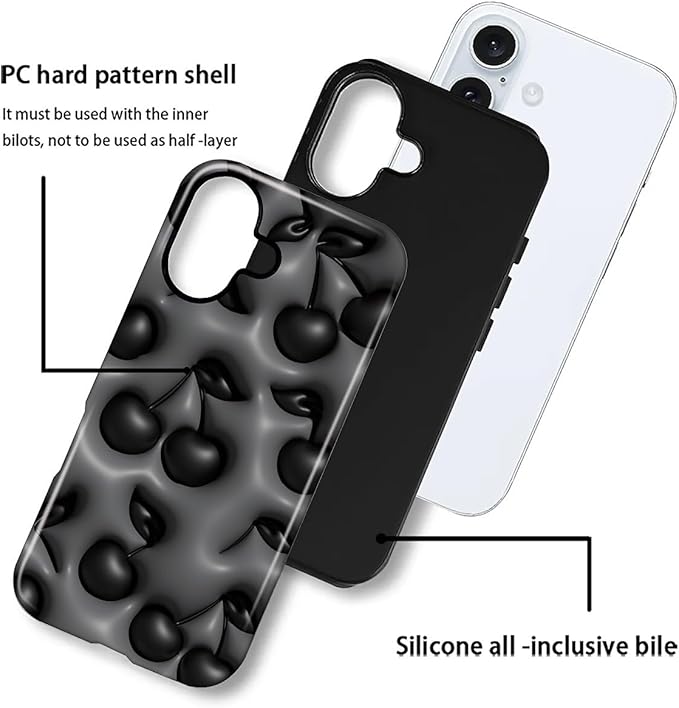 for iPhone 16 Case, HL2 Cute Cool Cherry Black Hybrid 2 Layer Hard Shell - Image 3
