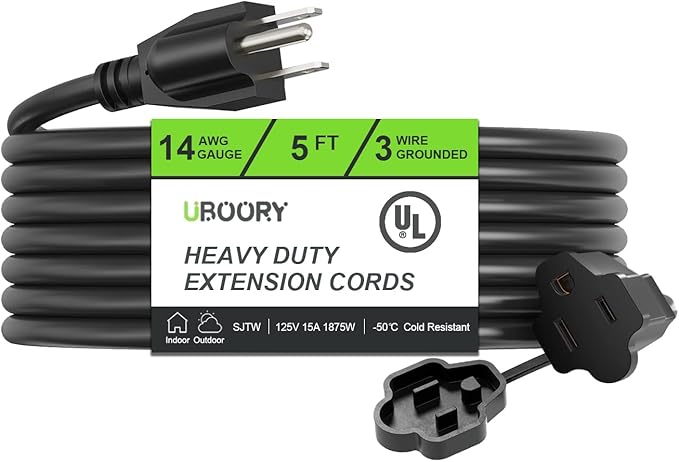 Outdoor Extension Cord Waterproof 5 FT, Flexible 100% Copper 3 Prong Extension by UBOORY