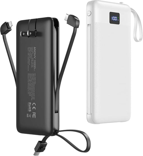 2-Pack Portable Charger Built-in Cables and AC Wall Plug, 10000mAh 22.5W PD by ANOUV