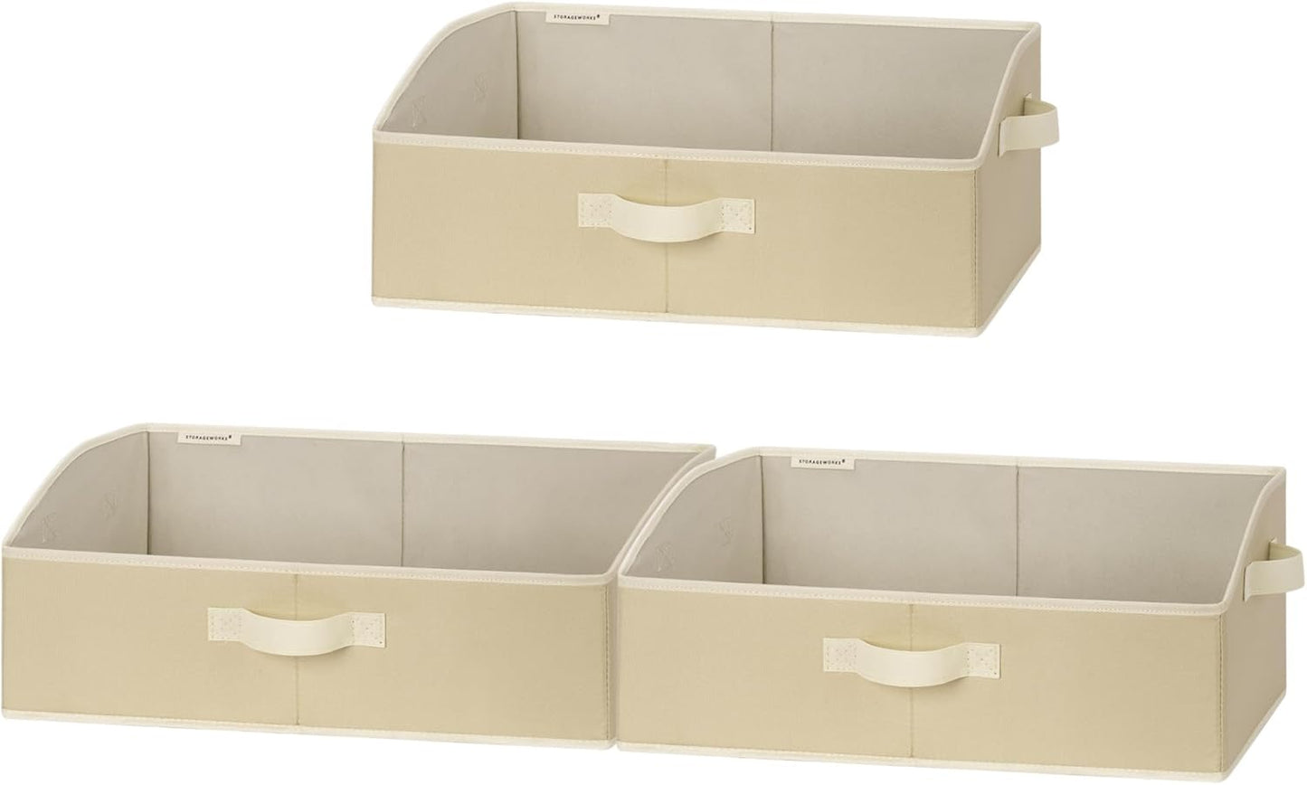 StorageWorks Closet Storage Bins, Trapezoid Organizer Box for Shelves, Fabric Clothes Bin, Foldable Organizing Baskets with Handles, Large, Light Brown, 3-Pack