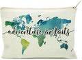 Travel Bag Adventure Awaits Makeup Case Cosmetic Bag Nature Linen World Map by COMODBAG