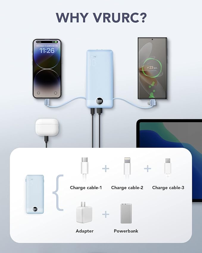 VRURC Portable Charger Built-in Cables and AC Wall Plug, USB C Power Bank - Image 4