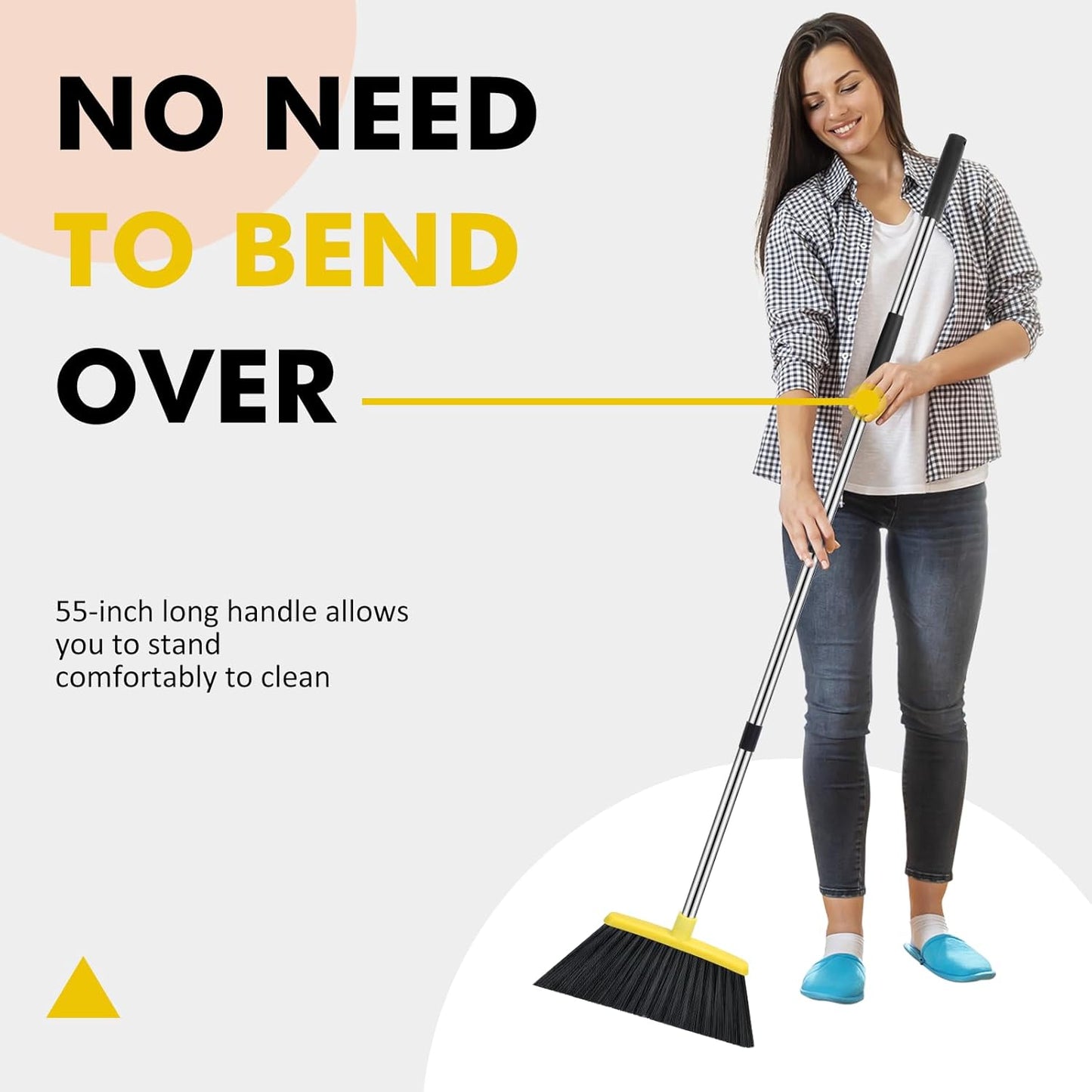 Heavy Duty Broom, 55 Inch Long Handle Outdoor Large Angle Brooms, Commercial Broom for Sweeping Indoor, for Home Garage Kitchen Office Courtyard Lobby Patio Lawn Concrete, Yellow
