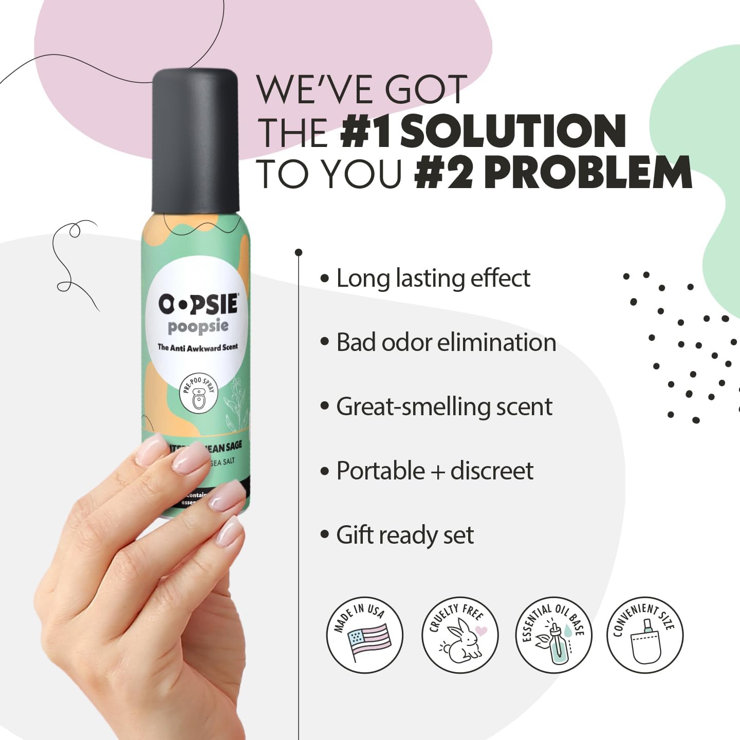 OOPSIE POOPSIE - Mediterranean Sage - Before & After You Go Toilet Spray 2oz - Portable Odor Eliminator - 4 Pack