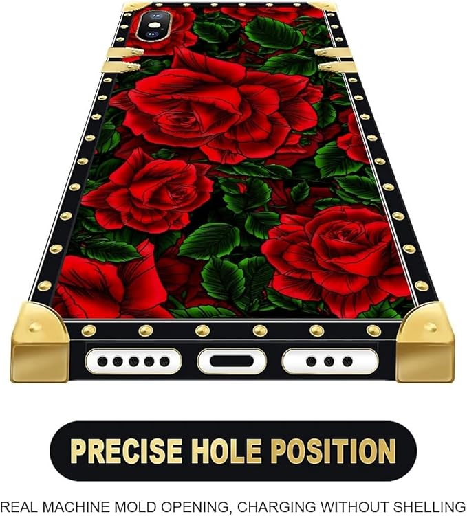Compatible with iPhone XR Case, Vector Red Rose Green Leaf Luxury Golden - Image 5