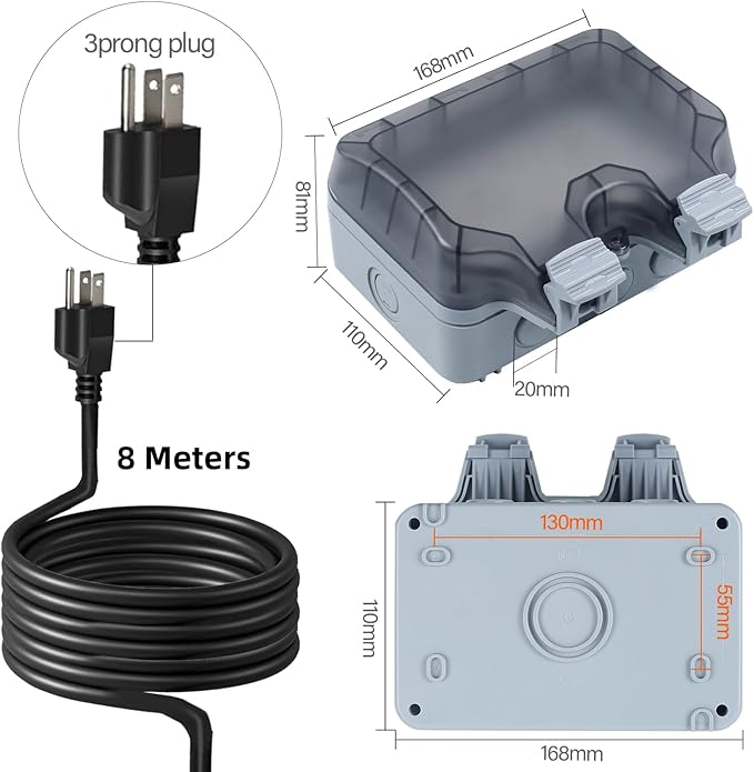 Outdoor Power Outlet Box with 26.3Ft Extension Cord, NEMA 5-15R, STW 14 AWG - Image 2