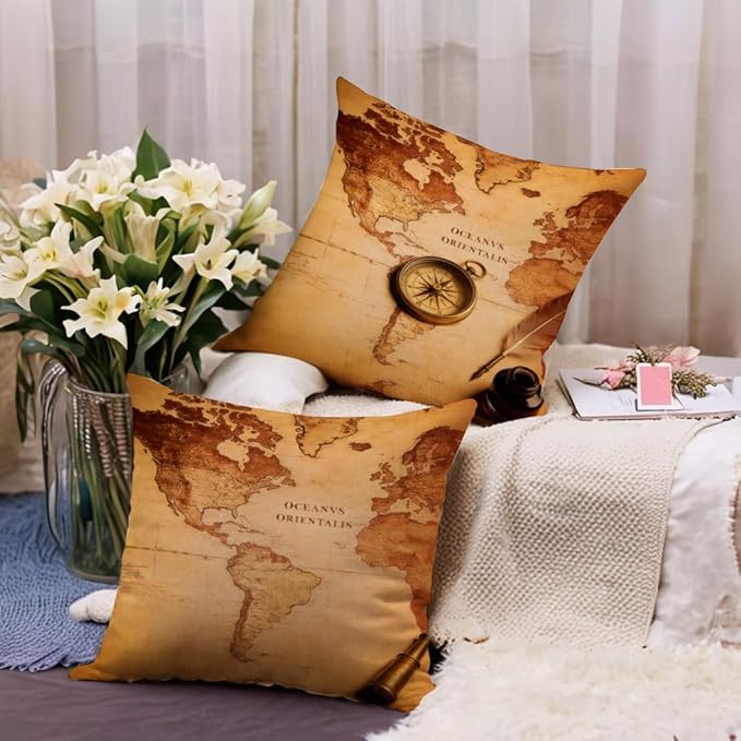 7COLORROOM Set of 2 Vintage World Map Pillow Covers Navigation Compass Square - Image 2