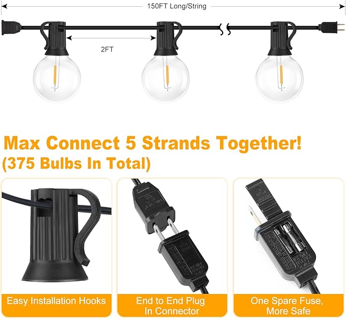 Bosceos 150FT Outdoor G40 LED Globe String Lights Dimmable Waterproof - Image 5