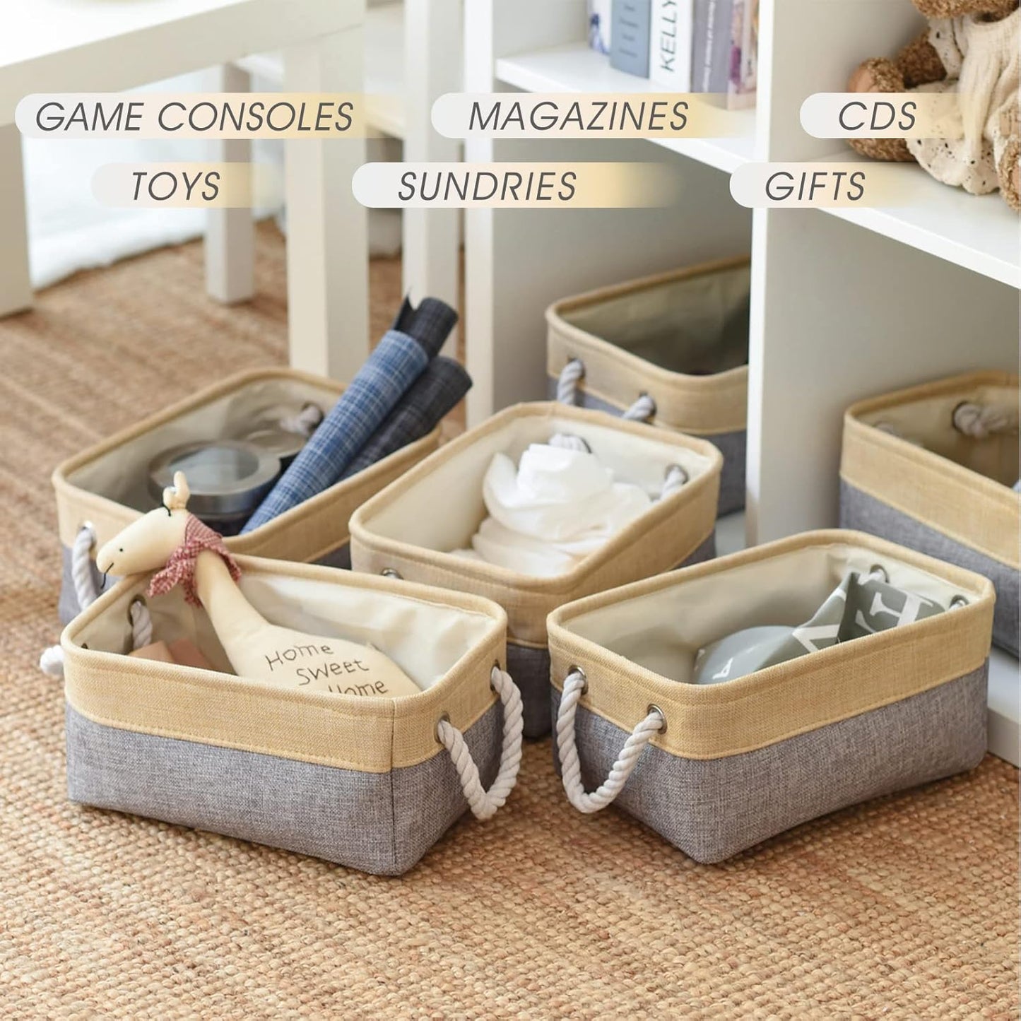 TcaFmac Organization and Storage Bins for Shelves - Small 6 Pack 12x8x5.2 inch Collapsible Storage Basket for Organizing, Fabric Storage Cubes for Gifts Empty for Toy Books (Gold & Grey)