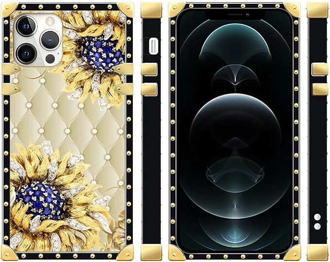 Compatible with iPhone 12 12 Pro Case, Sunflower Diamonds Leather Luxury Golden - Image 2