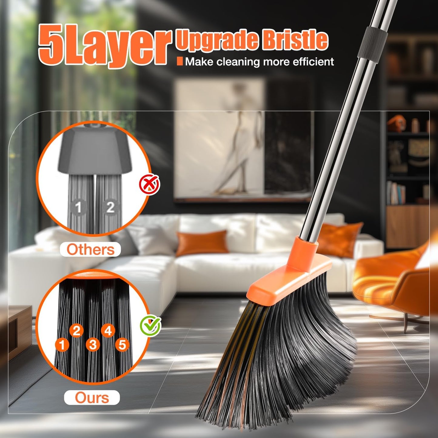 Broom and Dustpan Set, Upgraded Large Broom with Dustpan Combo Set with 56" Tall Adjustable Handle, Self-Cleaning Teeth, Upright Standing Dust Pan for Heavy Duty Indoor Outdoor Cleaning and Pet Hair