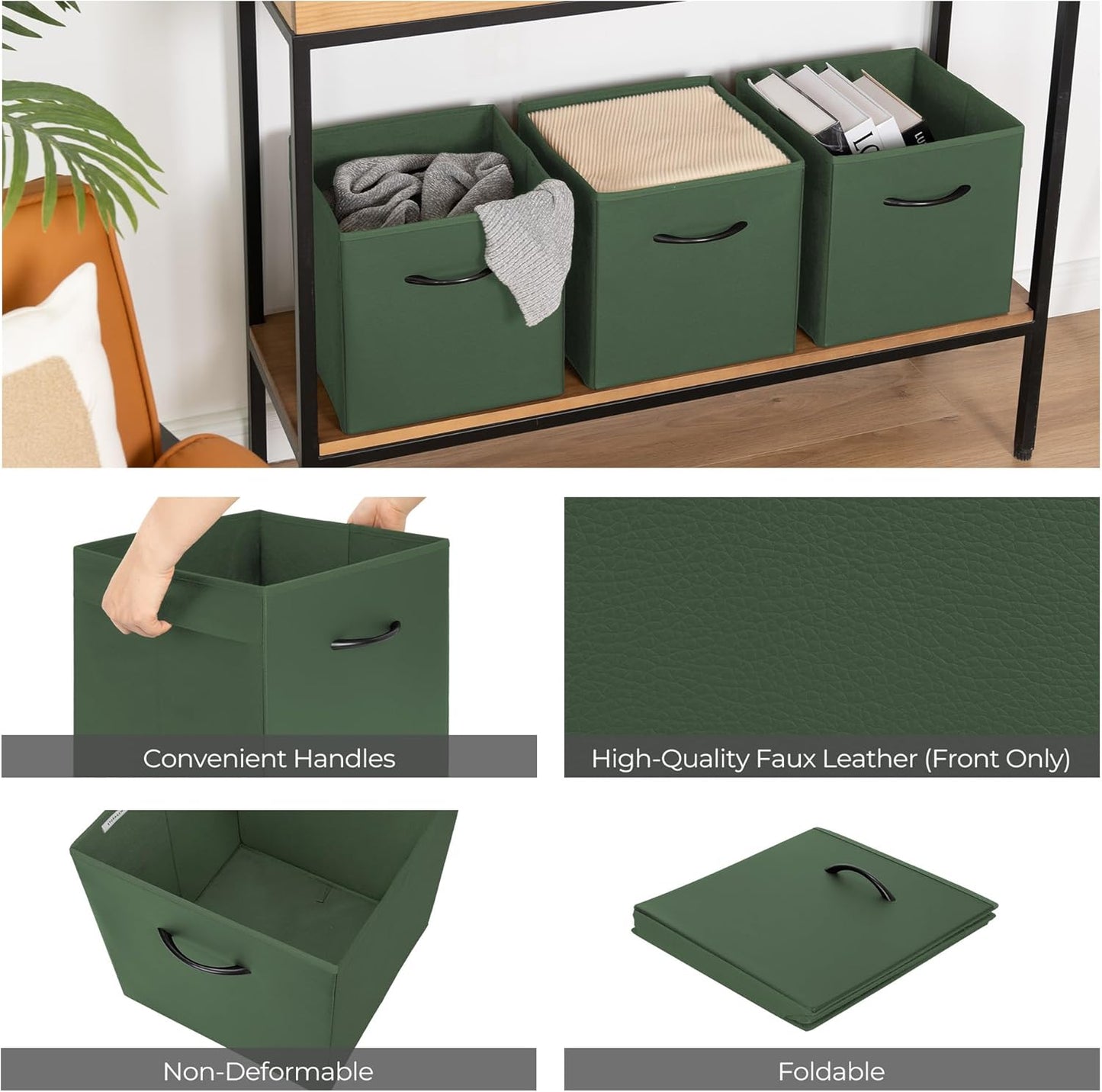 StorageWorks Green Storage Cubes, 11 Inch Cube Storage Bins with Handle, Cube Storage Organizer Bins for Shelves and Closet, Collapsible Storage Bins, 4-Pack