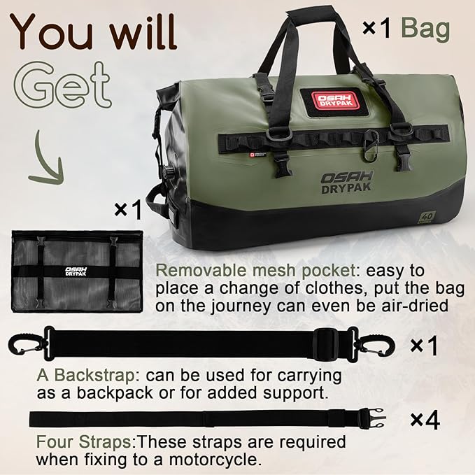 OSAH DRYPAK Waterproof Duffel Bag 25L/40L/60L – Heavy-Duty Motorcycle Tail Bag - Image 8