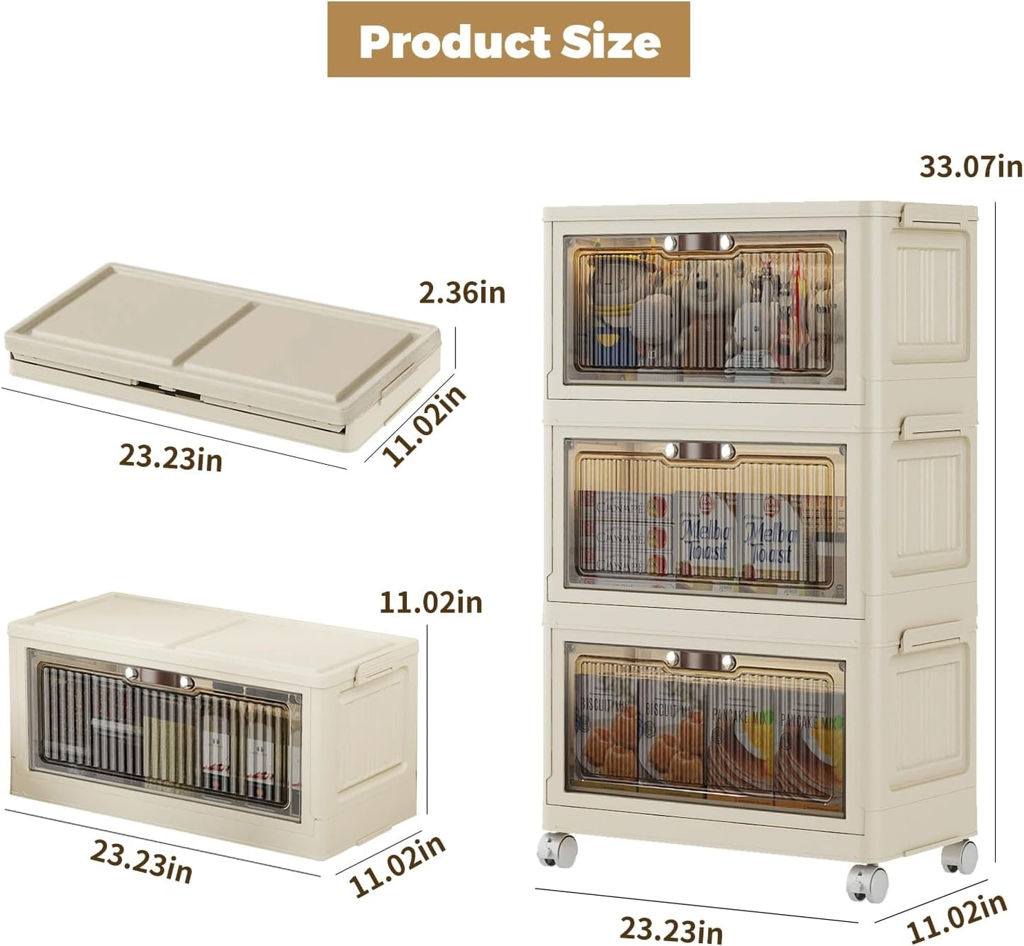 3 Tier - 48QT Storage Bins with Lids, Collapsible Storage Bins with Doors and Wheels, Plastic Storage Cabinet for Easy Storage and Organization for Living Room, Office