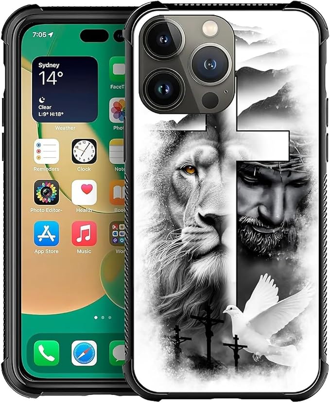 for iPhone 13 Pro Max Case, Lion Cross Jesus Christ Dove Pattern Graphic Design by FKBRCL4U