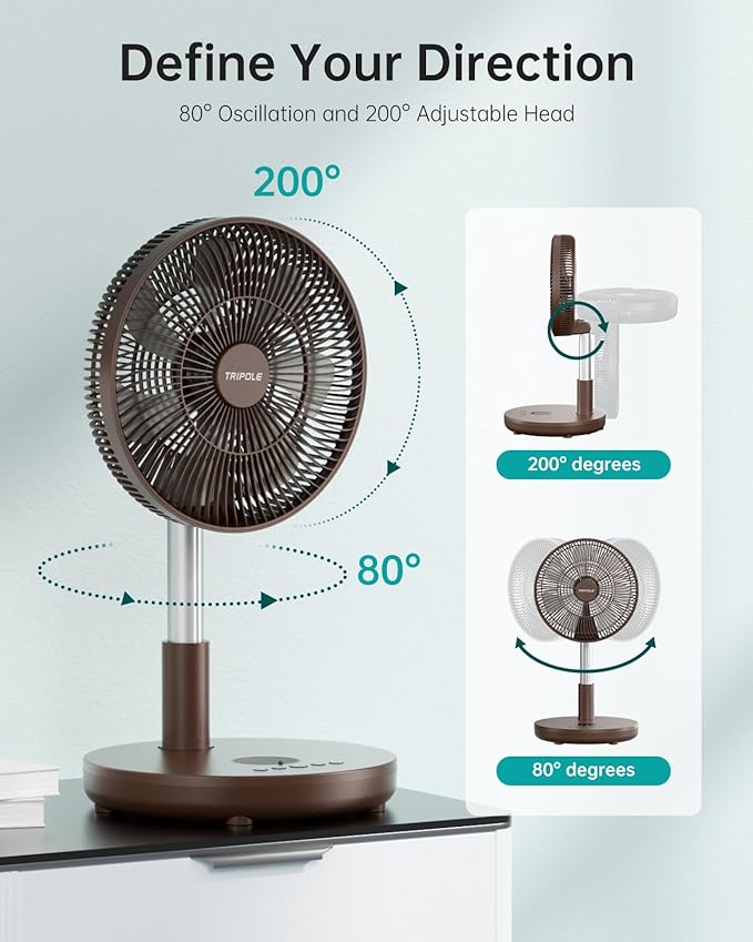 TriPole Foldable Standing Fan 12" Portable Rechargeable Battery Pedestal Fan - Image 6