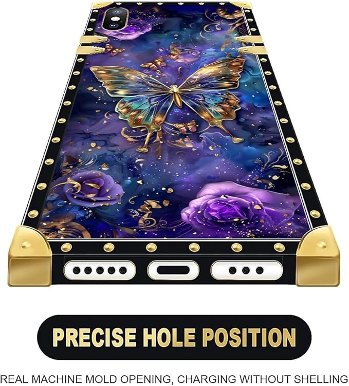 Compatible with iPhone XR Case, Glistening Golden Butterfly Vibrant Purple Blue - Image 5