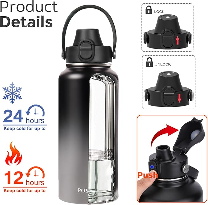 Water Bottle Insulated 32oz 40oz 64oz 128oz Straw Lid Spout Lid & 3 Lids - Image 2