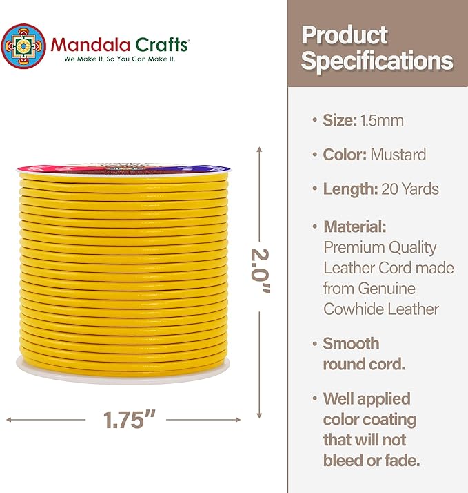 Mandala Crafts Round Genuine Mustard Yellow Leather Cord - Image 4