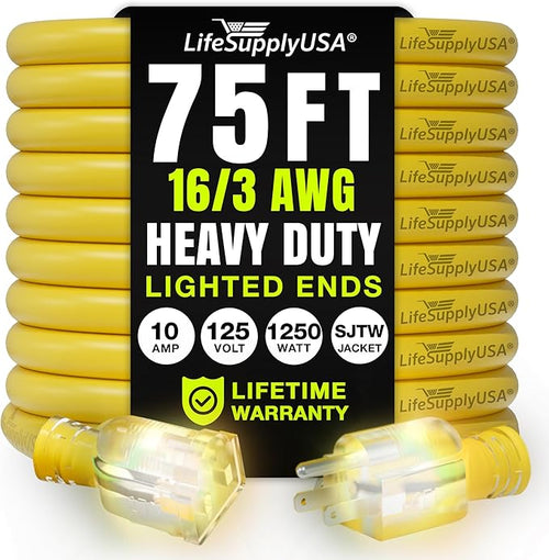 75ft Outdoor/Indoor Extension Cord 16/3 Gauge Heavy Duty 3 Prong SJTW, by LifeSupplyUSA