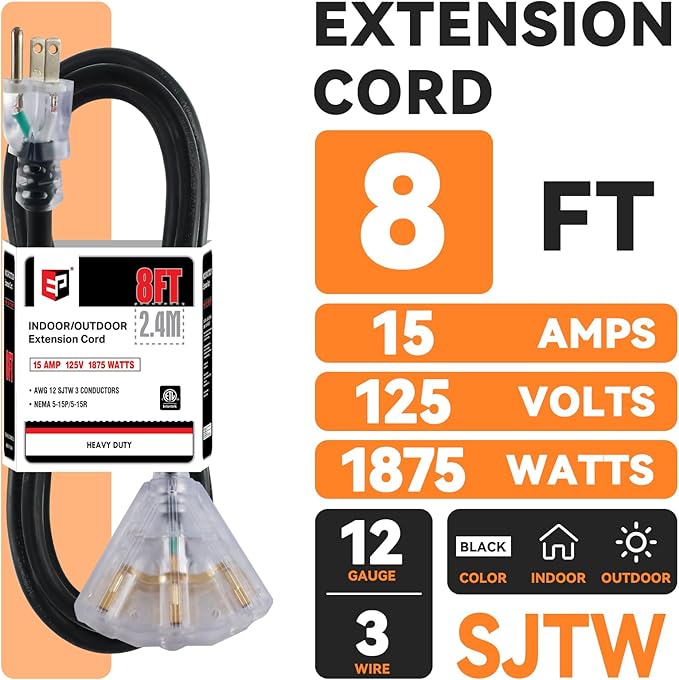 EP 8 Ft 12 Gauge Heavy Duty Extension Cord, 15A 125V 1875W, 3 Outlet - Image 2