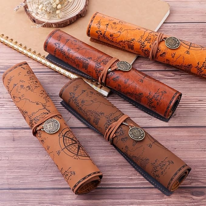 4 Color Leather Pen Case Vintage Pencil Bag Roll Map Compass Pattern Rolling - Image 3