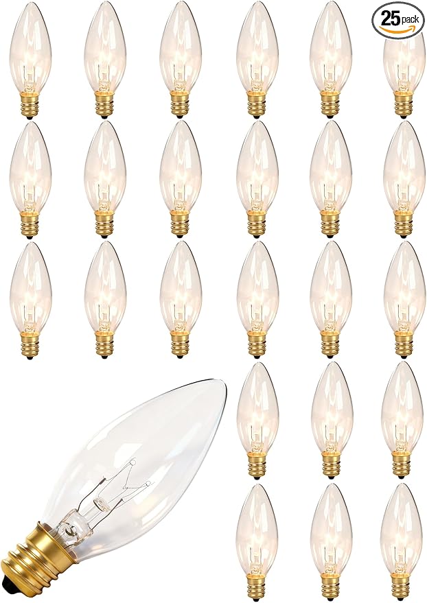 25 Pack Candle Light Bulbs, Crystal Clear Torpedo Tip Candelabra Replacement by Konictom