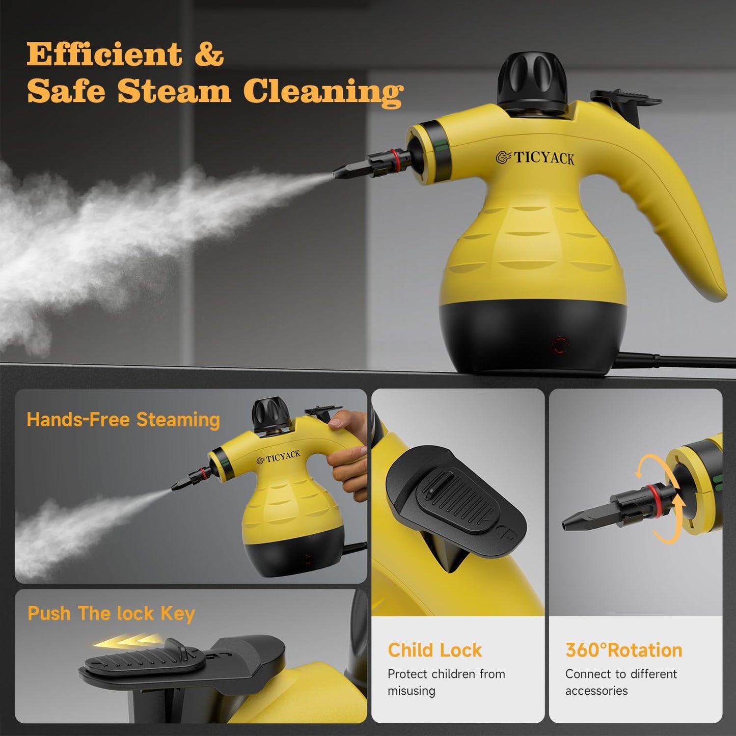 Steam Cleaner, Handheld Steam Cleaner for Home, 16-Piece Steam Cleaner Kit with Automatic Steam Switch, Steamer for Kitchen, Bathroom, Car, Living Room and Multi-Surface Deep Cleaning (Yellow)