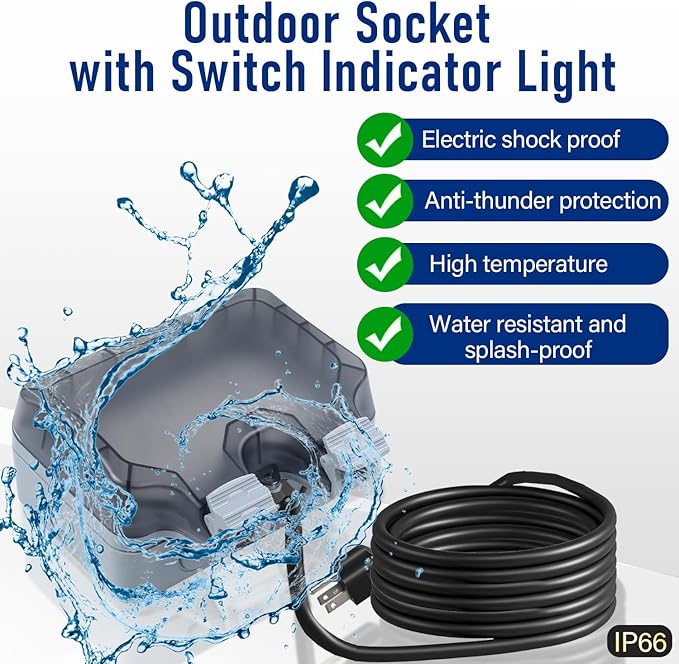 Outdoor Power Outlet Box with 32.8Ft Extension Cord, NEMA 5-15R, STW 14 AWG - Image 7