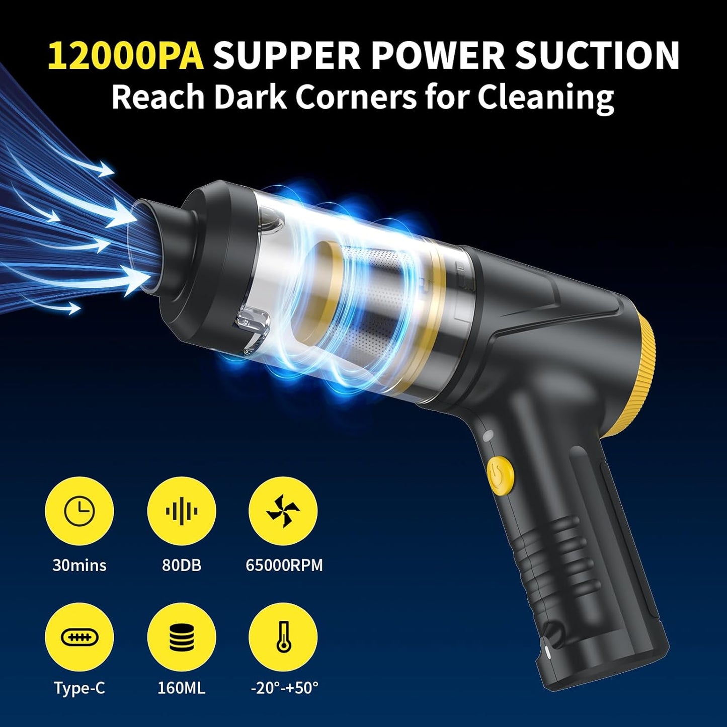 Cordless Handheld Vacuum & Air Duster - 12000Pa Strong Suction, 2 Speeds, Brushless Motor, LED Light, Multi-Nozzles 4-in-1 - Portable for Car, Home, Outdoor, Pet Hair
