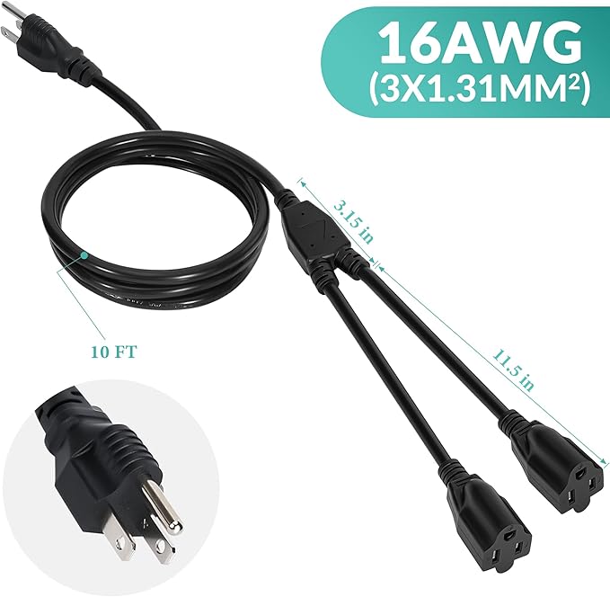 2 Way Power Cord Splitter Cable 10 Ft-3 Prong 1 to 2 Extension Cord-Outlet - Image 6
