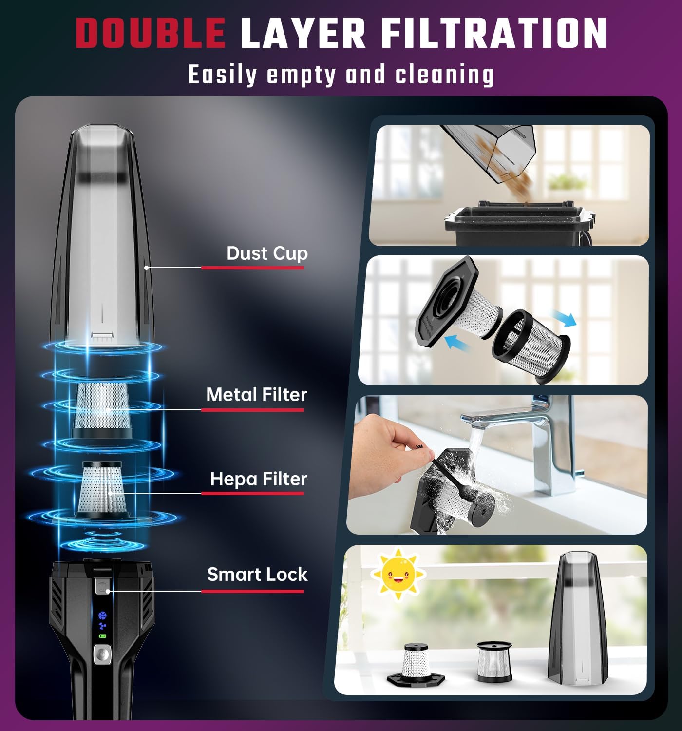 Handheld Vacuum Cordless, 9000PA Strong Suction, 2 Suction Modes, Fast Type-C Charging, Lightweight, Portable Car Vacuum Cleaner with for Home Pet Office