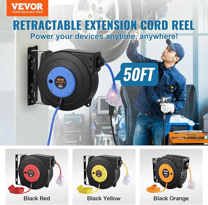 VEVOR Retractable Extension Cord Reel, 50 FT, Heavy Duty 14AWG/3C SJTOW - Image 2
