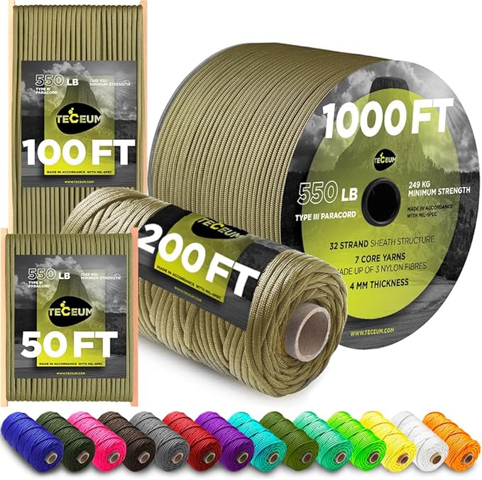 TECEUM Reflective Paracord Rope 1000 – 1000ft/200ft/100ft/50ft – 40+ Colors – by TECEUM