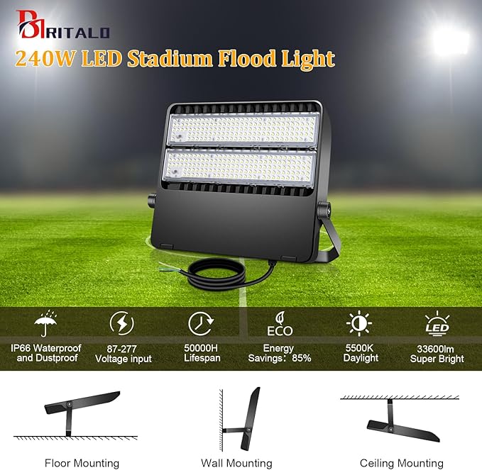 240W LED Stadium Flood Lights Outdoor 36000LM Super Bright Yoke Wall Mount - Image 6