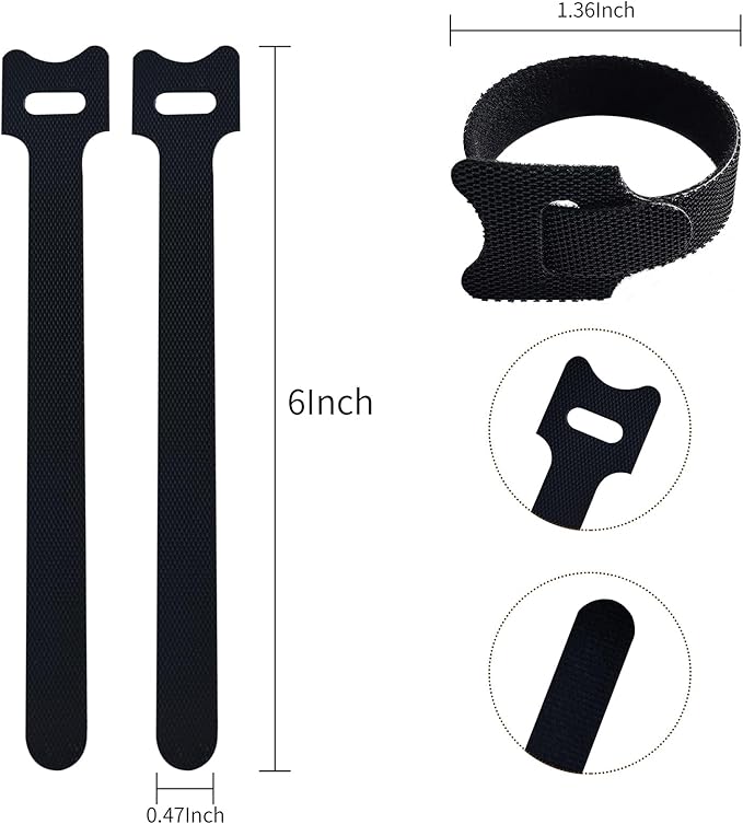 6 Inches Black Reusable Cable Ties, Cable Organizer, Cord Wrap and Hook Loop - Image 2