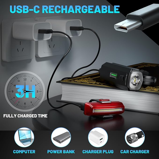 APECYC Bike Lights USB-C Rechargeable Bicycle Front Headlight and Rear Taillight - Image 5