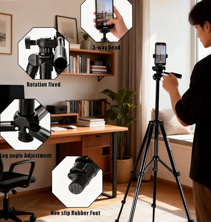 55" Aluminum Phone & Camera Tripod, Extendable Cell Phone Tripod Stand - Image 9