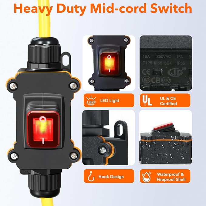 Heavy Duty Extension Cord with On/Off Switch, Outdoor Waterproof Inline Power - Image 4